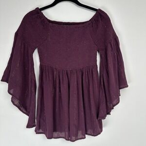 Angie Peasant Top Size Medium Purple Whimsygoth Fairy Festival Smocked Metallic‎